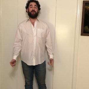 WhT button down w maroon and gold stripes. Size L